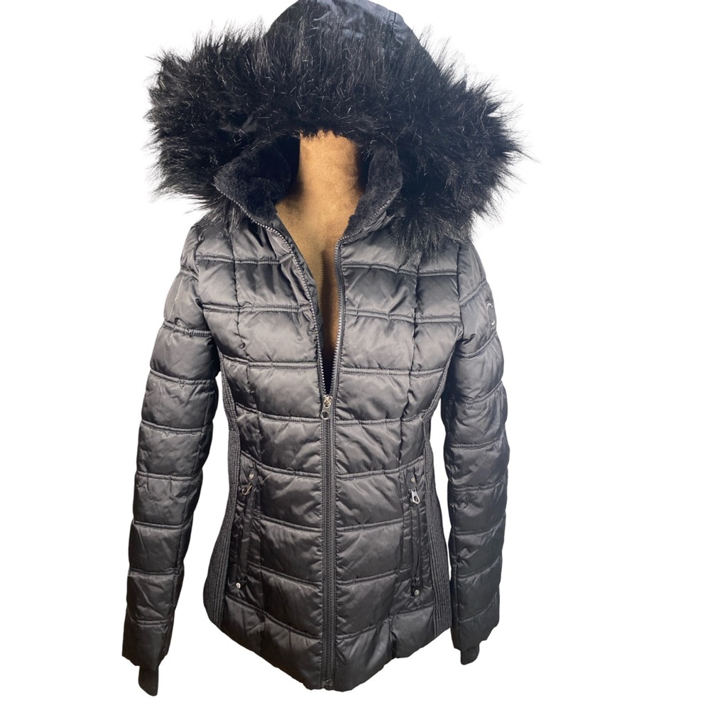 Nautica Women's Black Puffer Winter Jacket with Faux Fur Detachable Hood Small